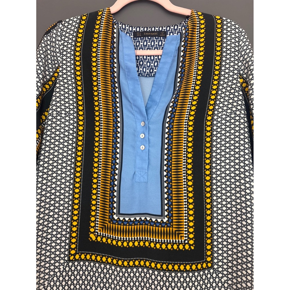 ZARA BASIC Geometric Print V-Neck Tunic Dress Blue Yellow Black White Size M - Picture 3 of 5